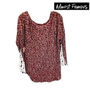 Almost‎ Famous Women Lace Crochet Inserts Long Sleeve Super Soft Pullover top